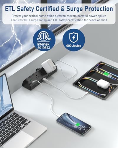 Jgstkcity 90W Desk Clamp Power Strip,12 USB Ports (6 PD 45W USB-C),Surge Protector,ETL Listed Power Hub Extension Cord,Fast Charging Station for Home Office Desk Edge Mount (Black,12 USB-90W)