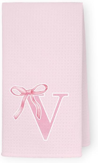 Monogrammed Initial V Hand Towels for Bathroom, Personalized Gifts for Women Girls Birthday Christmas, Coquette Preppy Pink Bows Waffle Kitchen Dish Tea Towels with Initial, 16x24 Inch