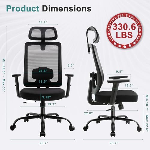Shintenchi Mesh Office Chair, Ergonomic Home Office Desk Chair with Adjustable Lumbar Support, Headrest, 90°-135° Tilt, Computer Chair for Home Office, Black Task Chair