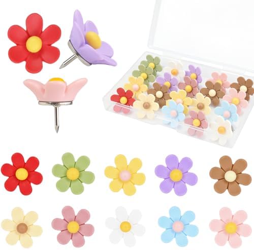 30 Pcs Flowers Push Pins Decorative Thumb Tacks in 10 Colors Cute Office Decor for Cork Board Bulletin Board, Photos Wall Maps and Other Offices Schools Supplies Christmas Decoration