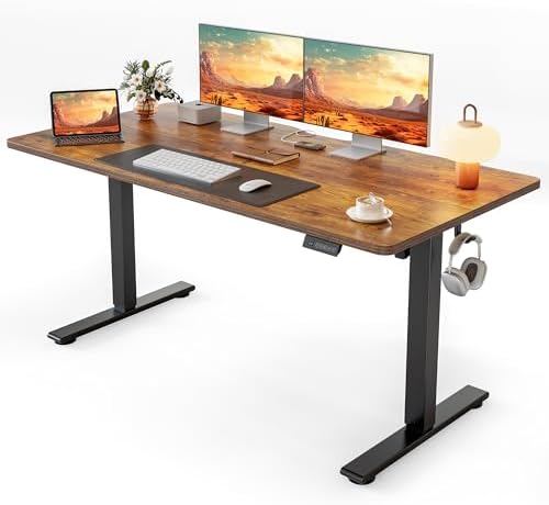 Cubiker Standing Desk, 55x28 Inches Sit Stand Home Office Desk, Electric Stand up Desk, Adjustable Desk with Splice Board, Black Frame/Rustic Brown Top