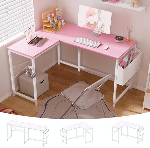 Pamray 47 Inch Reversible L Shaped Gaming Desk Corner Computer Desk with Storage Bag Home Office Table for Writing Study Pink