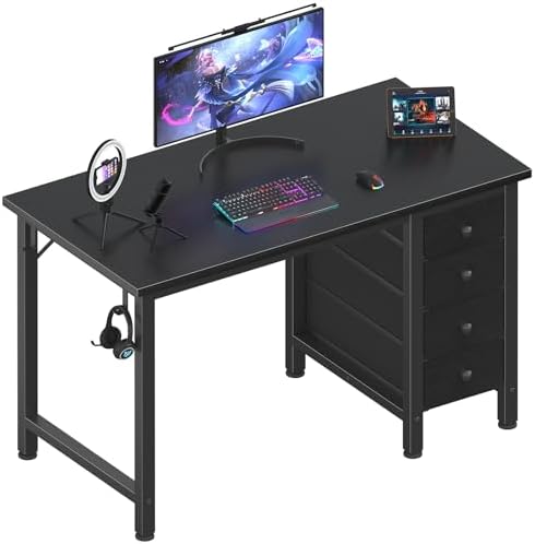 Lufeiya Small Gaming Desk with 4 Drawers, 40 Inch Kids Girls Teen Cute Study Desk for Bedroom, Reversible Work Computer Writing Table Desks for Small Space Home Office, Black