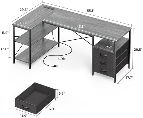 Huuger L Shaped Office Desk with Power Outlets & 3 Drawers