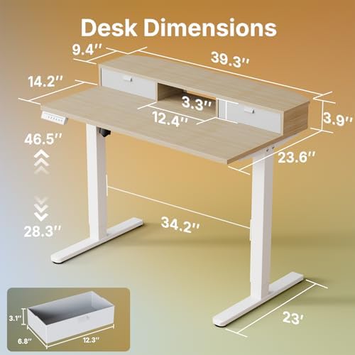 HUANUO 40" X 24" Electric Standing Desk with 2 Drawers, C-Clamp Mount Compatible, Height Adjustable Computer Desk, Home Office Stand Up Desk with 4 Preset Heights & 2 Hooks, Light Walnut