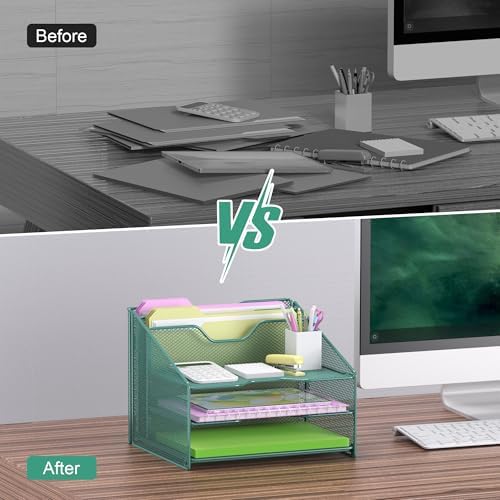 Samstar Green Desk File Organizer, Mesh Letter File Folder Holder with 3 Paper Trays and 2 Vertical Upright Section, for Office Supplies, Desk Accessories & Workspace, Green