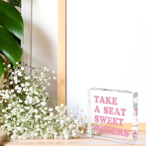 Take a Seat Sweet Cheeks Pink Acrylic Wall Decal, 4x4 Inch Fun Bathroom Decor, Quirky Desk Sign, Retro Humor Print for Girls Bedroom, Dorm and Gag Gift