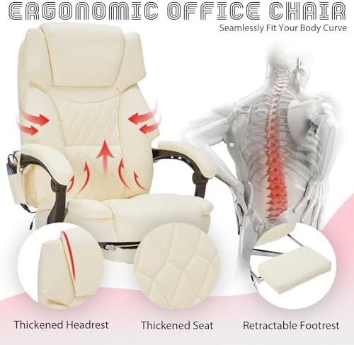 Massage Office Chair with Foot Rest 6 Points Vibration and Heat Home Office Desk Chairs for Heavy People 400lbs Reclining Managerial Chairs Ergonomic Executive Chair (Cream)