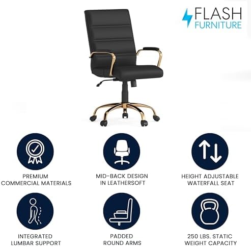 Flash Furniture Mid-Back Black LeatherSoft Executive Swivel Office Chair with Gold Frame and Arms
