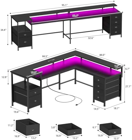 Furologee 66'' L Shaped Gaming Desk with 6 Drawers, LED, Outlets, Black