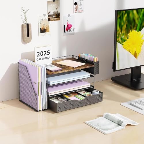 Wood Desk Organizers and Accessories with File Sorters, 4-Tier Desk Accessories & Workspace Organizers with Drawer and Pen Holder, Desk Reference Organizer (Wood, 4T with Drawer)