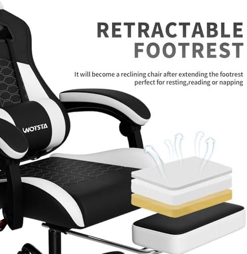 Gaming Chair with Massage,Ergonomic PC Gaming Chair with Footrest Comfortable Headrest and Lumbar Support,High Back PVC Leather,300LBS (Black White)