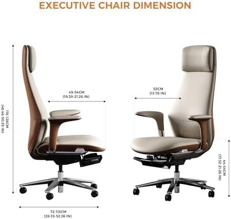 TOMU Executive Office Chair with Foot Rest, Top Grain Genuine Leather Office Chair, Ergonomic High Back Design. Real Leather, Wheels, Alumium Base. Padded Armrest, Luxury and Comfy (Beige)