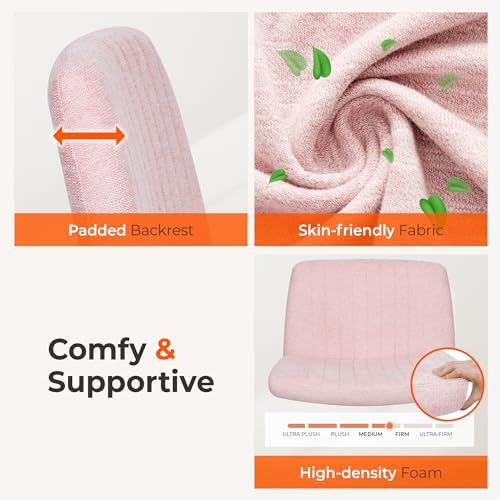 NEO Chair Criss Cross Chair No Wheel Vanity Desk Chair Wide Armless Cross Legged Office Comfy Makeup Adjustable Computer Task for Home Office Fabric (Pink)