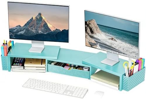 Spacrea Metal Desk Organizers and Accessories, Dual Monitor Stand Riser with Drawer and 2 Pen Holders, Desk Accessories & Workspace Desktop Organizers for Office Supplies (Blue)