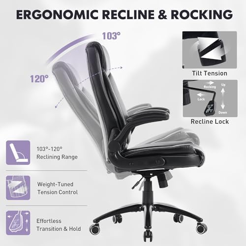 300lbs Capacity Executive Desk Chair Set of 2 with Ergonomic Lumbar Support, Flip-up Arms & High Back Leather Computer Chair for Home/Office, Black