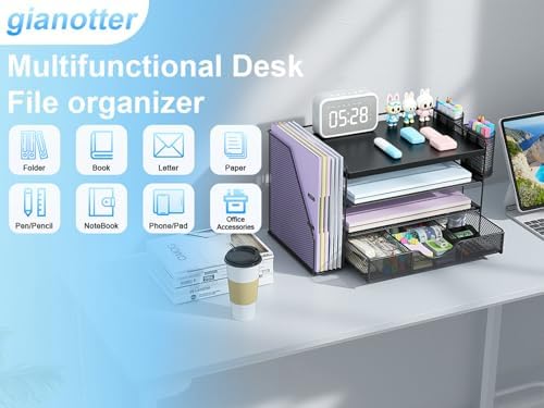 gianotter Wood Desk Organizers and Accessories with File Holder, 4-Tier Desk Accessories & Workspace Organizers with Drawer and 2 Pen Holder, Desk Reference Organizer (Black, 4T with Metal Drawer)