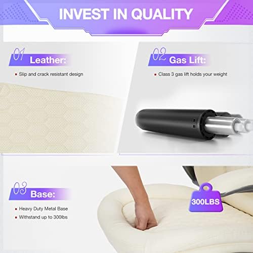COLAMY Ivory Leather High Back Executive Office Chair, Ergonomic Desk Chair with Flip-up Arms, Thick Cushion, Silent Nylon Wheels, Adjustable Height & Rocking Function, 300lbs Capacity