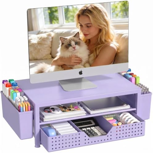 OPNICE Desk Organizers and Accessories, Computer Monitor Stand Riser with Drawer and 2 Pen Holders, Printer & Laptop Stand, Office Desk Accessories & Workspace Organizers for Home Office Supplies, Purple