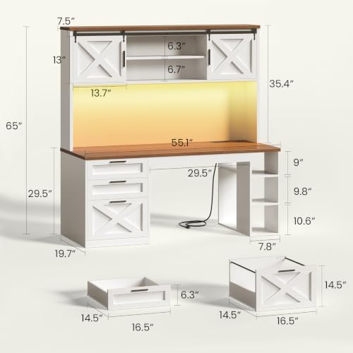 SEDETA 55.1" Farmhouse Desk with Hutch & 3 Storage Drawers