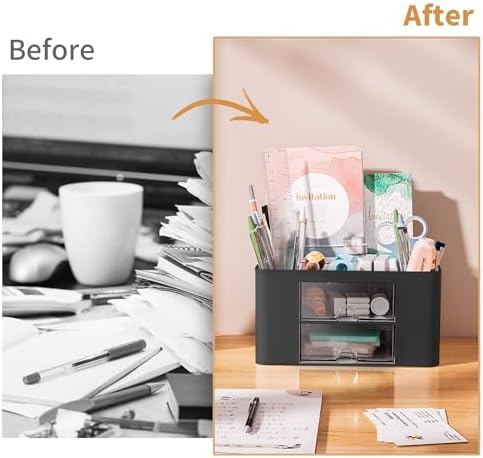 Marbrasse Pen Organizer with 2 Drawer, Multi-Functional Pencil Holder for Desk, Desk Organizers and Accessories with 5 Compartments + Drawer for Office Art Supplies (Black)