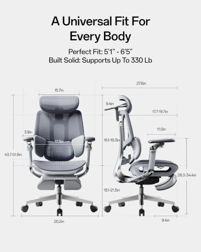 Hbada E3 Pro 2026 Edition Ergonomic Office Chair, Mesh Desk Chair with 3-Zone Floating Lumbar Support, Upgraded 4D Headrest, 720° Armrests, Grey with Footrest