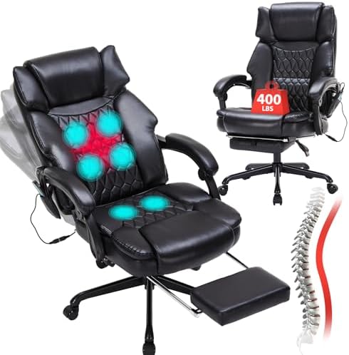 Massage Office Chair with Foot Rest 6 Points Vibration and Heat Home Office Desk Chairs for Heavy People 400lbs Reclining Managerial Chairs Ergonomic Executive Chair (Black)