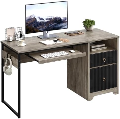 Bestier 55Inch Modern Fluted Desk with Drawers & Keyboard Tray, Grey