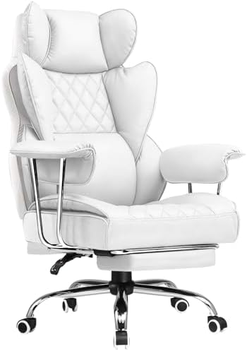 COMHOMA Big and Tall Gaming Chair with Pocket Spring Lumbar Support, Ergonomic Office Chair with Footrest, Executive Desk Chair with Outward Fixed Soft Armrests, Computer Chair with High Back, White
