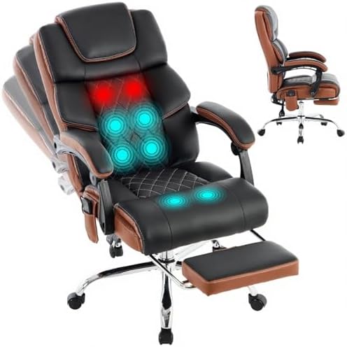 Massage Office Chair 6 Points 500lbs with Footrest,Reclining Desk Chair with Vibration Heat,Executive Big and Tall Chairs for Heavy People,Adjustable Height Ergonomic Black