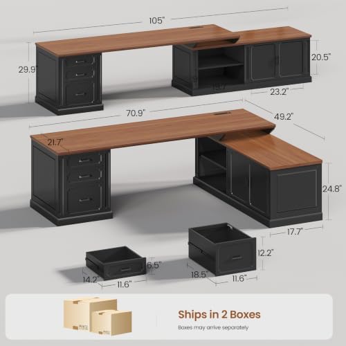 SEDETA Farmhouse L Shaped Desk with Drawers, 70.9" Home Office Desk with Storage Cabinet and Storage Shelves, L Shaped Computer Desk with Power Outlet，Black+Brown