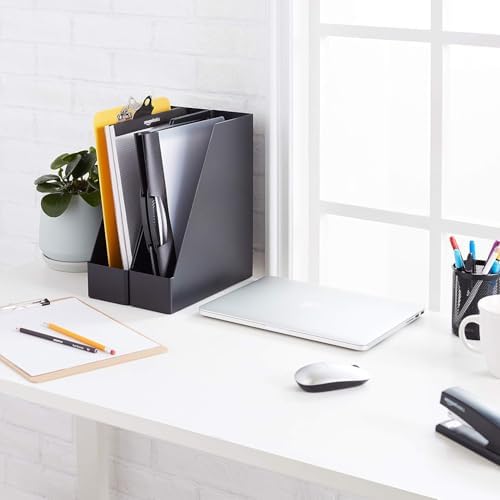 Amazon Basics Plastic Desk Organizer Magazine Rack and File Holder, Black, 2-Pack