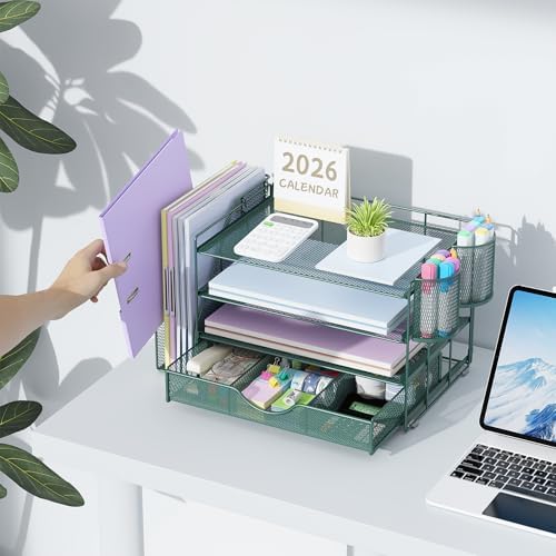 gianotter 4-Tier Desk Organizer with Drawers, File Holders, Letter Trays and Pen Holders - Workspace Accessories for Office Supplies (Green)