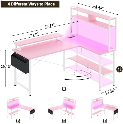 Aheaplus L Shaped Gaming Desk with Power Outlets & LED Lights, Pink