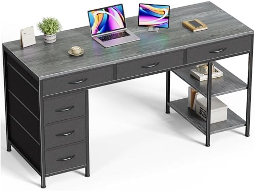 Huuger Computer Desk with 6 Drawers, Office Desk with Shelves, Reversible Gaming Desk, Corner Desk with Storage, Work for Home Office, Study, Living Room, 54inch, Grey