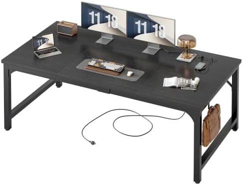 TIQLAB 63 x 30 Inch Extra-Deep Computer Desk with Power Outlets, Heavy-Duty Office Desk, Wide Gaming & Work Desk for Home Office, Black