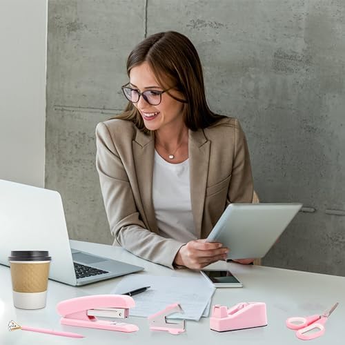 Pink Desk Accessories, Pink Office Supplies, Stapler, Staple Remover, Tape Holder, Pen Holder, Ballpoint Pen, Scissor, Binder Clips, Paper Clips and 1000pcs Staples.