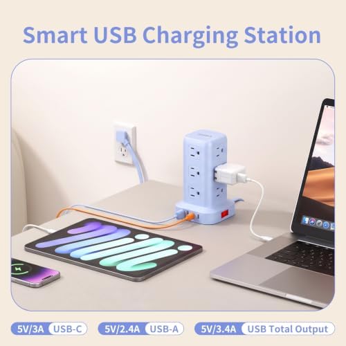 Extension Cord with Multiple Outlets, SMALLRT Power Strip Tower, Outlet Extender with 12 AC Outlets 4 USB, 6.5FT Extension Cord for Home Dorm Room, Office Supplies, Blue
