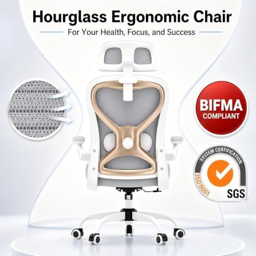 Home Office Desk Chairs, Ergonomic Office Chair with Lumbar Support & 3D Headrest, Computer Desk Chair with Flip-up Armrests, Perfect for Office or Study, Gray/Gold