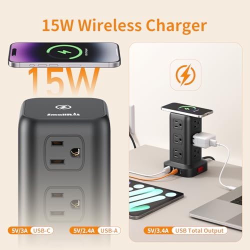 Extension Cord with Multiple Outlets, SMALLRT Power Strip Tower, Outlet Extender with 12 AC Outlets 4 USB, 6.5FT Extension Cord for Home Dorm Room, Office Supplies, Overload Protection