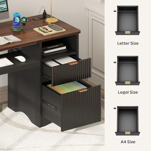 Bestier Computer Desk with Keyboard Tray, 55 inch Office Desk with Power Outlet, Modern Home Office Desk with File Drawer (Walnut with Black, 55" W with Single-Sided Drawers)