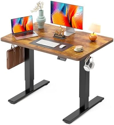 CubiCubi Electric Standing Desk 40 x 24 Inch, Height Adjustable Sit Stand Desk with Memory Presets, Splice Desktop Computer Desk for Home Office, Black Frame/Vintage Brown Top