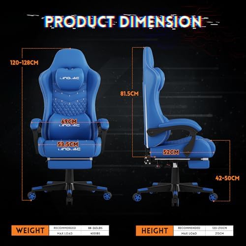 Gaming Chair,Big and Tall Gaming Chair 400lbs Office Chair with Footrest, 90-155° Recline & Removable Headrest Lumbar Support[Spring + 4D Sponge](Blue)