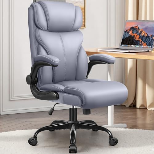 HeroSet Office Chair, Ergonomic Big and Tall Computer Desk Chairs, Executive Breathable Leather Chair with Adjustable Flip-up Armrests, Lumbar Support Swivel PC Chair with Rocking Function,Matte Gray