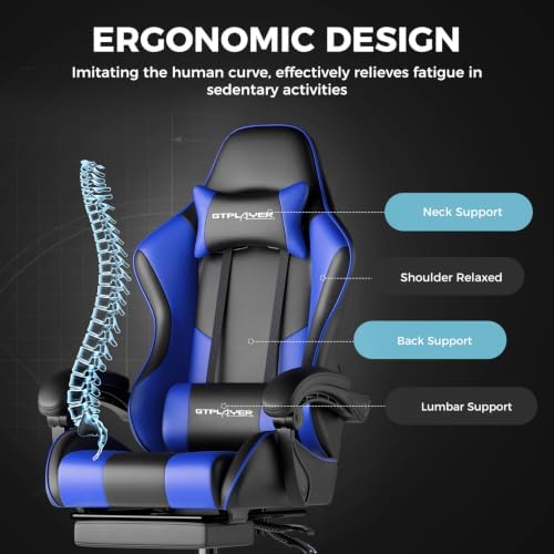 GTPLAYER Gaming Chair, Computer Chair with Footrest and Lumbar Support, Height Adjustable Game Chair with 360°-Swivel Seat and Headrest and for Office or Gaming (Faux Leather, Blue)