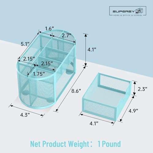 Mesh Desk Organizer with Drawer, 9-Compartment Pen Holder for Desk, Blue