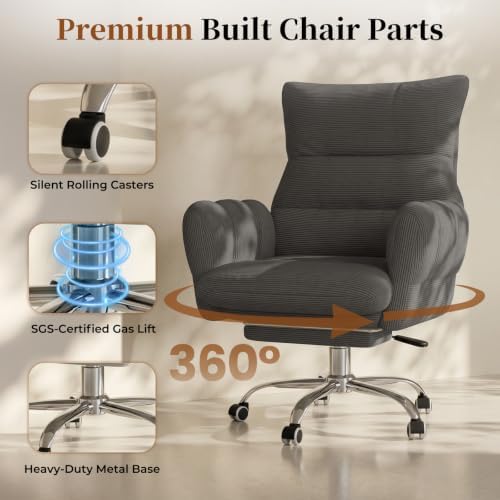 HOMRELEXA Cross Legged Office Chair, Cloud Desk Chair with Flip-Up Arm Rests, Foot Rest, Wide Seat, Comfy Executive Ergonomic Computer Gaming Chair, Gray