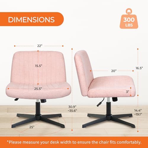 NEO Chair Criss Cross Chair No Wheel Vanity Desk Chair Wide Armless Cross Legged Office Comfy Makeup Adjustable Computer Task for Home Office Fabric (Pink)