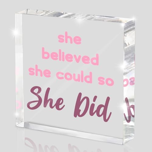 Pink Office Decor - Congratulations Gifts For Women - She Believed She Could So She Did Pink Office Desk Decor Accessories Acrylic Square Shape Sign - Inspirational Gift For Women