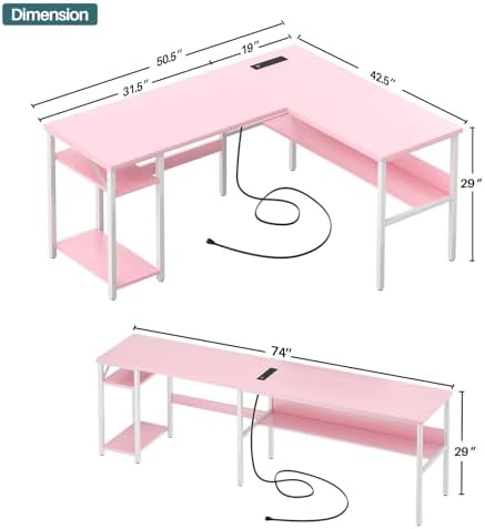 Unikito Reversible L Shaped Desk with Magic Power Outlets and USB Charging Ports, Sturdy Corner Computer Desk with Storage Shelves, Gaming Table Home Office Desk, Easy to Assemble, Pink